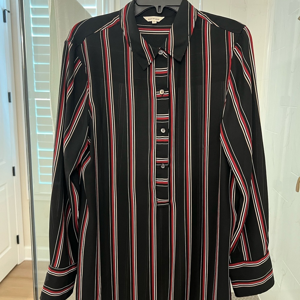 Max Studio Black and Red Striped Button down tunic top